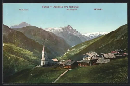 AK Tenna, Ausblick ins Safiertal mit Piz Beverin, Bruschghorn und Bärenhorn
