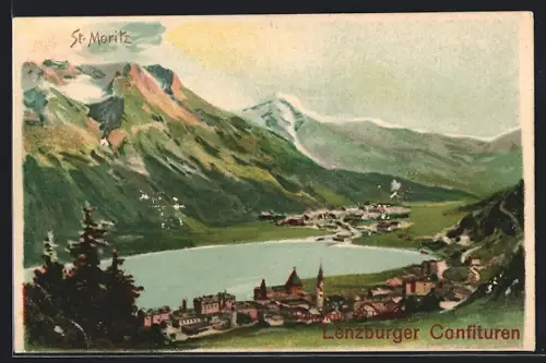 Lithographie St. Moritz, Orts-Panorama, Reklame für Lenzburger Confitüren