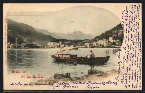 AK St. Moritz-Bad, Uferpartie mit Boot