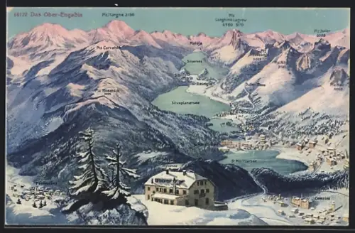 AK Muottas Muraigl /Ober-Engadin, Gasthaus im Schnee mit Silvaplanersee, Maloja und Piz Margna