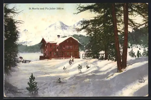 AK St. Moritz, Gasthof und Piz Julier im Schnee