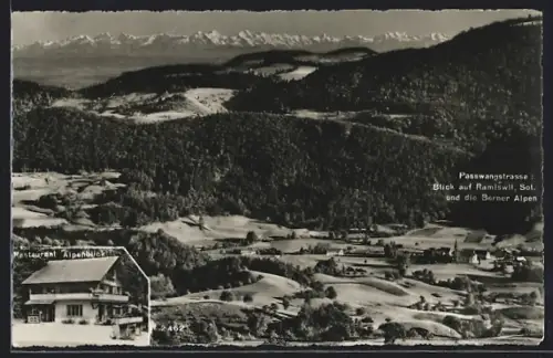 AK Ramiswil, Ortsansicht mit Berner Alpen, Restaurant Alpenblick
