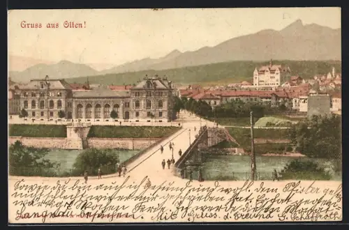 AK Olten, Uferpartie mit Brücke