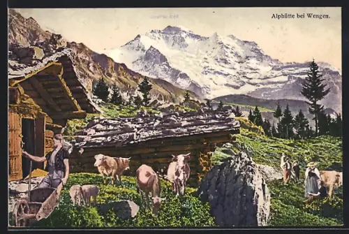 AK Wengen, Kühe vor einer Alphütte