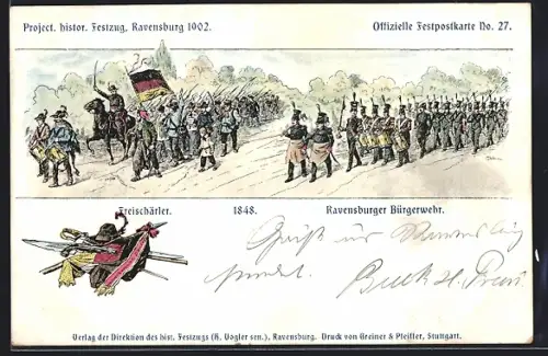 Lithographie Ravensburg, Project. histor. Festzug 1902, Freischärler 1848, Ravensburger Bürgerwehr