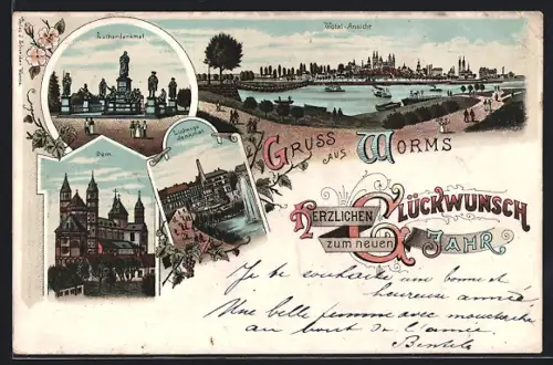 Lithographie Worms, Dom, Ludwigsdenkmal, Lutherdenkmal