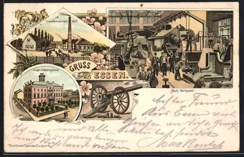 Lithographie Essen, Krupp-Gussfabrik 1839, Krupp-Industriegebäude, Fabrikarbeiter i.d. Mechanischen Werkstatt