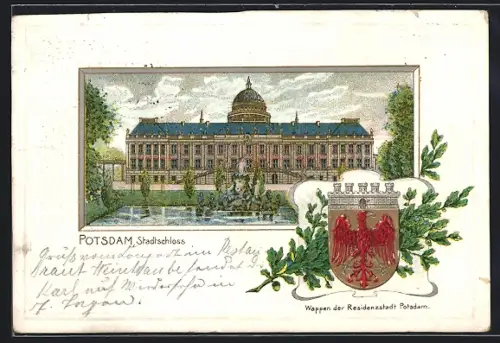 Passepartout-Lithographie Potsdam, Blick auf das Stadtschloss, Stadtwappen