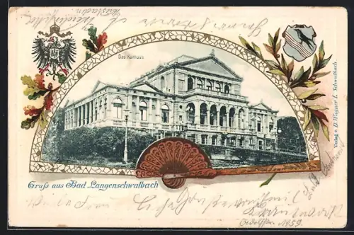 Passepartout-Lithographie Bad Langenschwalbach, Kurhaus im Fächer, Wappen