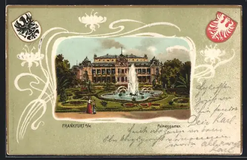 Passepartout-Lithographie Frankfurt-Westend, Palmengarten, Wappen