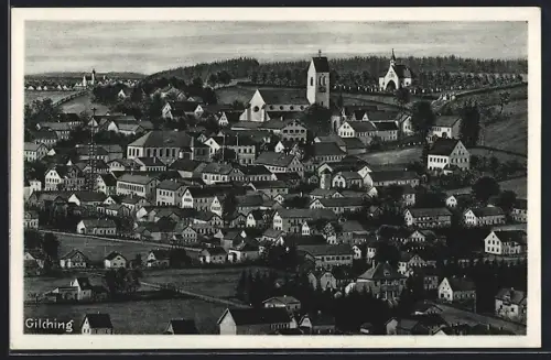 Künstler-AK Gilching, Teilansicht mit Kirche