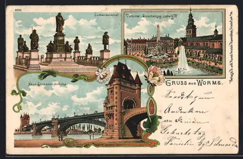 Lithographie Worms, Denkmal Grossherzog Ludwig IV, Lutherdenkmal, neue Strassenbrücke