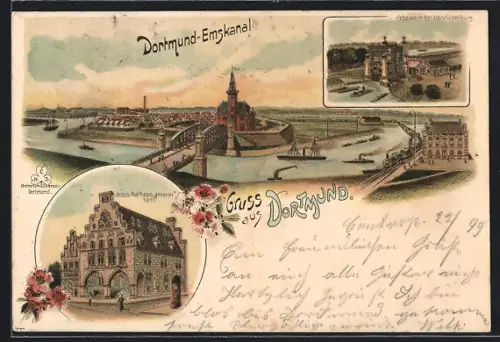 Lithographie Dortmund, Gesamtansicht, Altes Rathaus