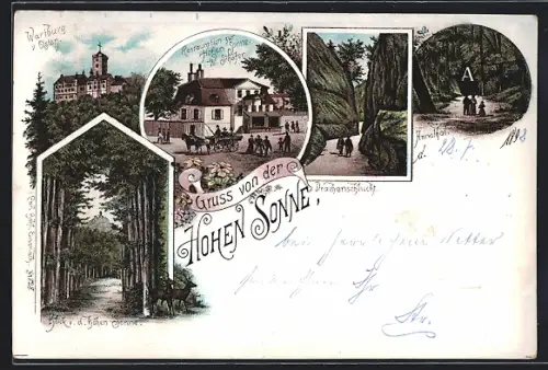 Lithographie Eisenach, Restaurant zur Hohen Sonne, Wartburg, Drachenschlucht