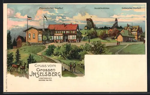 Lithographie Inselsberg / Thüringen, Gasthof Preussischer, Gasthof Gothaischer, Aussichtsturm