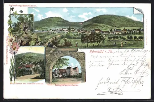 Lithographie Römhild, Totalansicht, Kriegerwaisenhaus, Steinsburg Schutzhaus