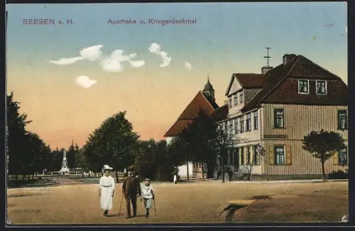 AK Seesen a. H., Apotheke und Kriegerdenkmal
