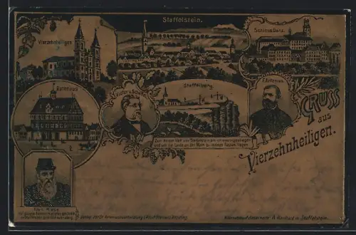 Metallfolie-AK Vierzehnheiligen, Kirche, Rathaus, Schloss Banz