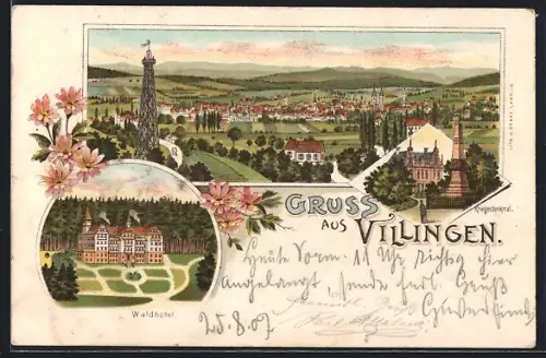 Lithographie Villingen / Baden, Waldhotel, Kriegerdenkmal, Ortspanorama