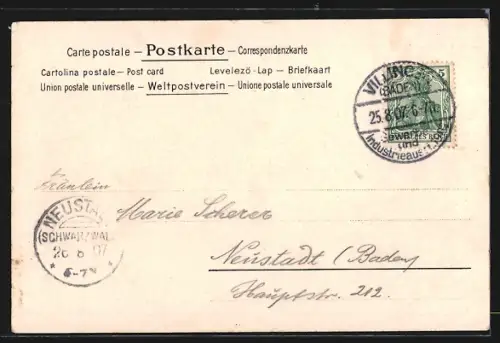 Lithographie Villingen / Baden, Waldhotel, Kriegerdenkmal, Ortspanorama