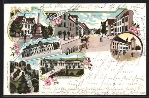 Lithographie Villingen / Baden, Amtsgebäude, Bahnhof, Kloster