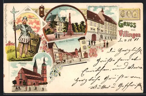Lithographie Villingen / Baden, Münster, Obere Strasse, Post und Sparkasse