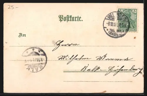 Lithographie Villingen / Baden, Münster, Obere Strasse, Post und Sparkasse