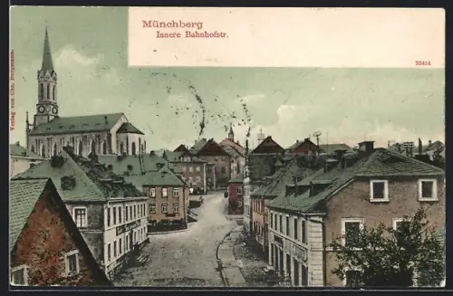 AK Münchberg, Innere Bahnhofstrasse mit Kirche