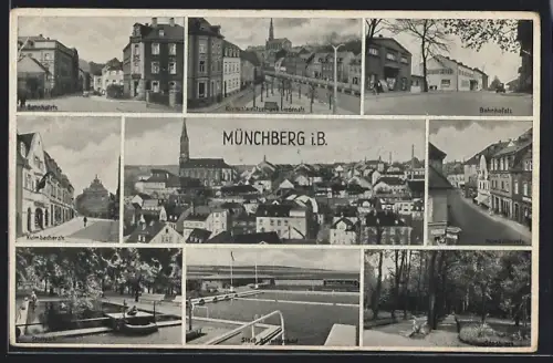 AK Münchberg, Bahnhofstrasse, Lindenstrasse, Stadtpark, Schwimmbad