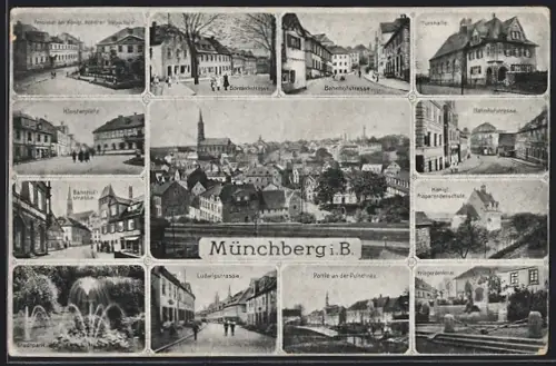 AK Münchberg i. B., Bahnhofstrasse mit Geschäften, Pensionat der Königlichen Höheren Webschule, Turnhalle