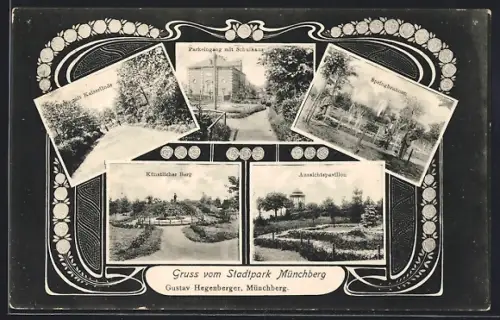 Passepartout-AK Münchberg, Stadtpark Münchberg Gustav Hegenberger mit Schulhaus und künstlichem Berg