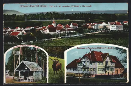AK Dobel /Schwarzwald, Gasthaus und Pension zum Rössle, Schutzhütte an der Herrenalberstrasse, Ortsansicht