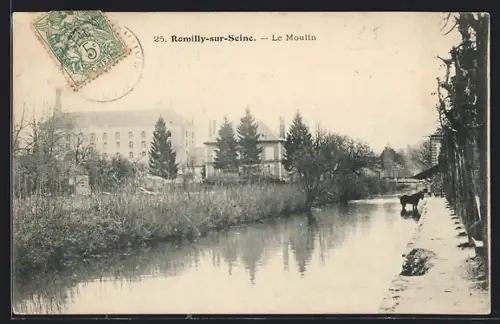 AK Romilly-sur-Seine, Le Moulin et la rivière avec un cheval sur le chemin