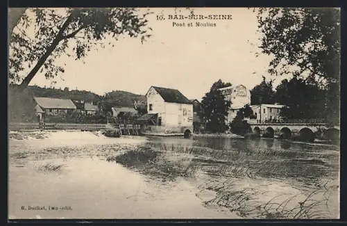AK Bar-sur-Seine, Pont et moulins sur la rivière