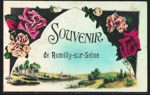 AK Romilly-sur-Seine, Souvenir fleuri avec paysage pastoral