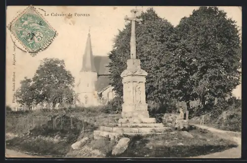 AK Poivres, Le Calvaire de Poivres avec église en arrière-plan