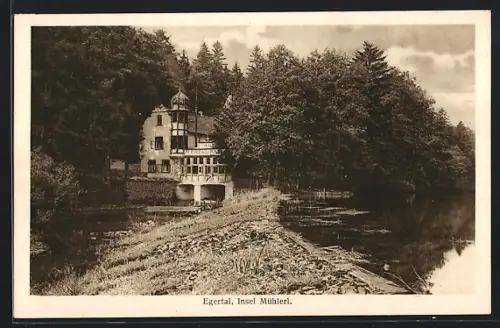 AK Insel Mühlerl /Egertal, Uferpartie mit Restaurant