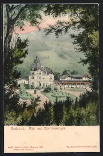 Künstler-AK Karlsbad, Blick nach Cafe Kaiserpark