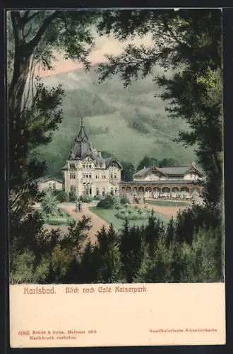 Künstler-AK Karlsbad, Blick nach Cafe Kaiserpark