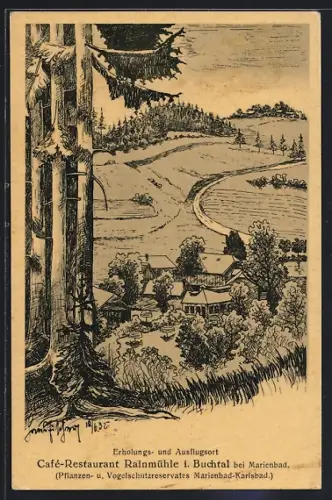 Künstler-AK Marienbad, Cafe-Restaurant Rainmühle im Buchtal