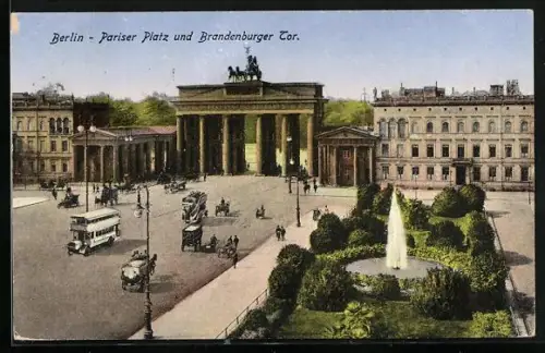 AK Berlin, Pariser Platz und Brandenburger Tor mit Fontäne