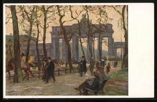 Künstler-AK Berlin, Strasse am Brandenburger Tor