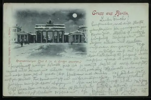 Mondschein-AK Berlin, Brandenburger Tor v. d. Linden gesehen im Winter