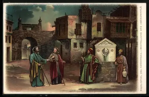 AK Oberammergau, Bestellung des Abendmahls beim Passionsspiel