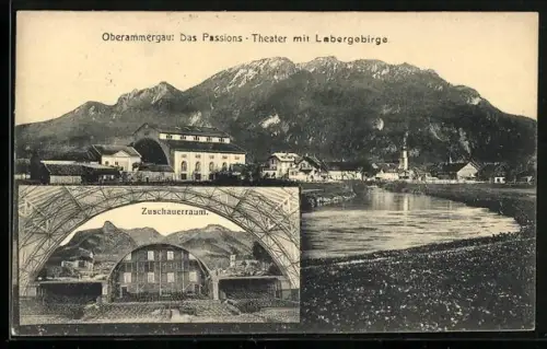 AK Oberammergau, Das Passions-Theater mit Labergebirge, Zuschauerraum