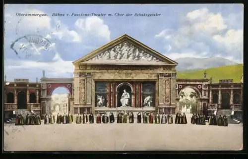AK Oberammergau, Bühne vom Passions Theater mit Chor der Schutzgeister