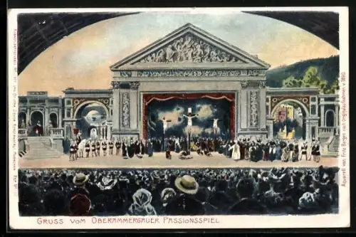 AK Oberammergau, Passionsspiel, Blick auf die Bühne