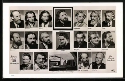 AK Oberammergau, Passions Spiele 1950: Die Hauptdarsteller und die Bühne, Christus, Judas, Chorführer