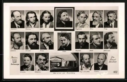 AK Oberammergau, Passions Spiele 1950: Die Hauptdarsteller und die Bühne, Christus, Judas, Chorführer