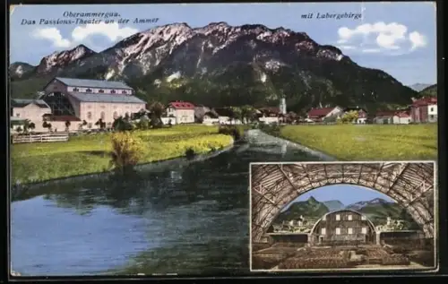 AK Oberammergau, Passions-Theater an der Ammer mit Labergebirge